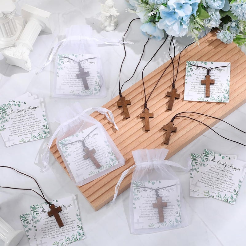 Ecation Wooden Cross Necklace Bulk Wood Cross Pendant Necklace with Lord's Prayer Cards Organza Bags for Family Friend Christian Church Jesus Religious Gift Sunday School Party Christian Gift - Image 3